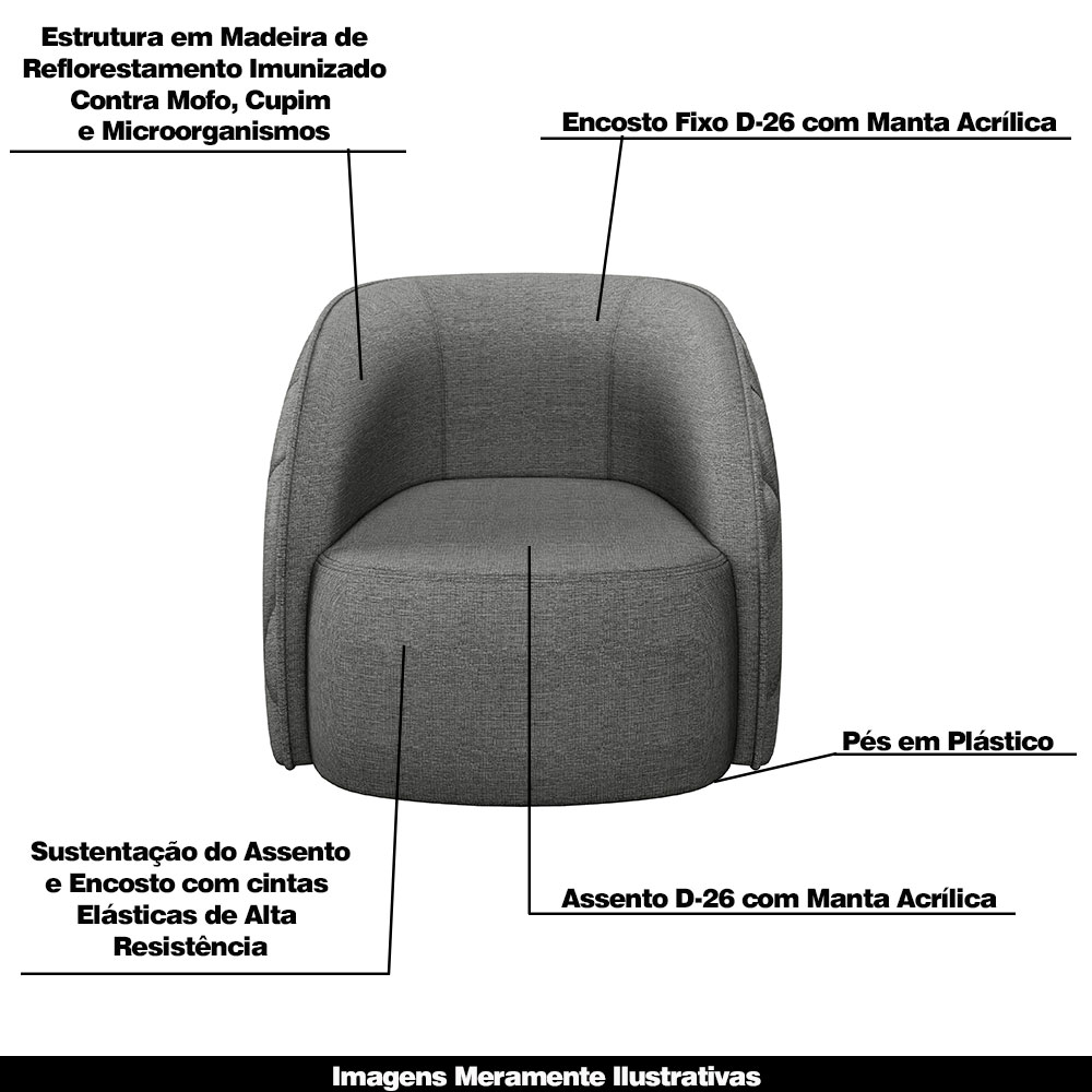 Kit 2 Poltronas Decorativas Clarke Linho Chumbo G45 - Gran Belo