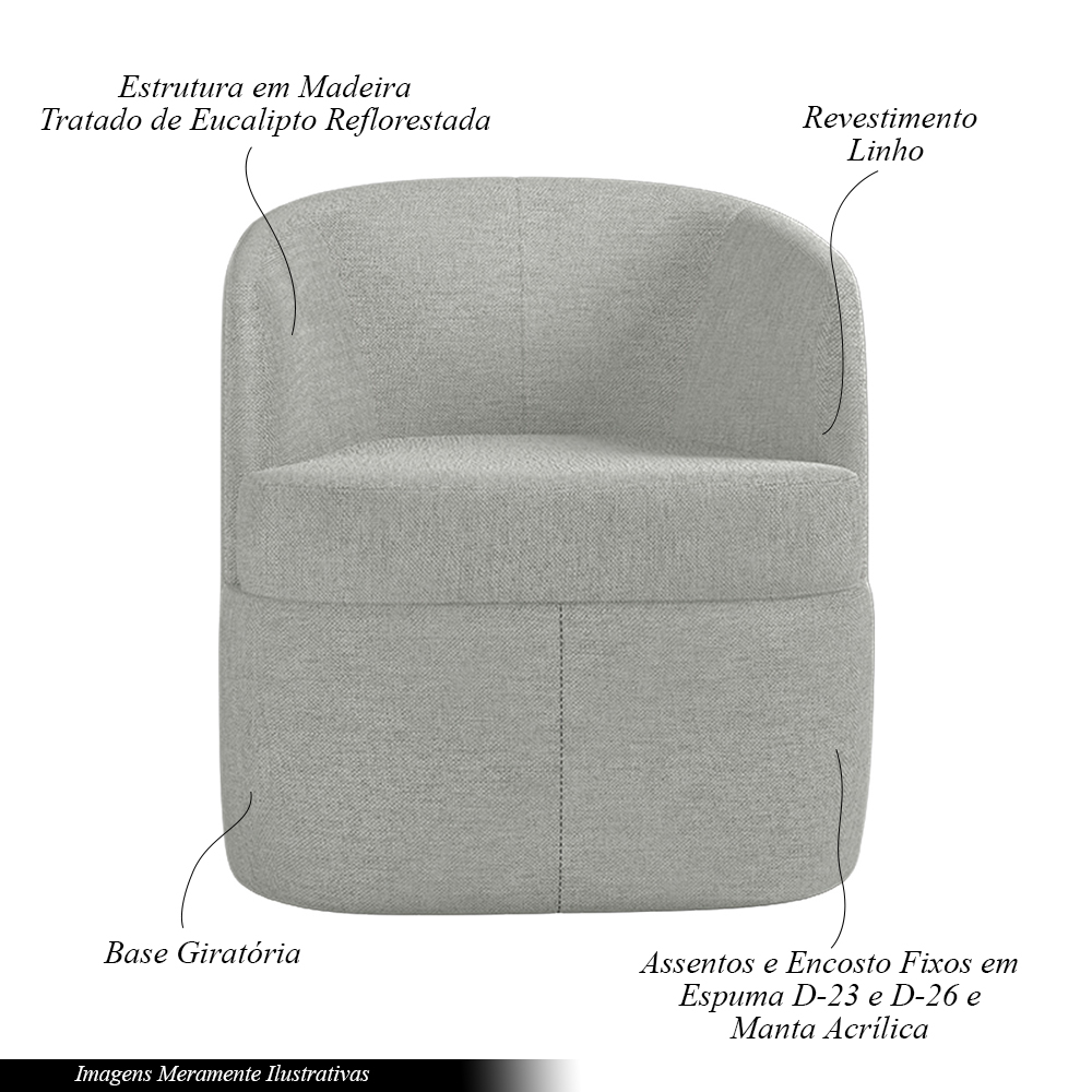 Kit 2 Poltronas Decorativas Design Moderno Bel Sala de Estar Base Giratória Linho Cinza G33 - Gran Belo