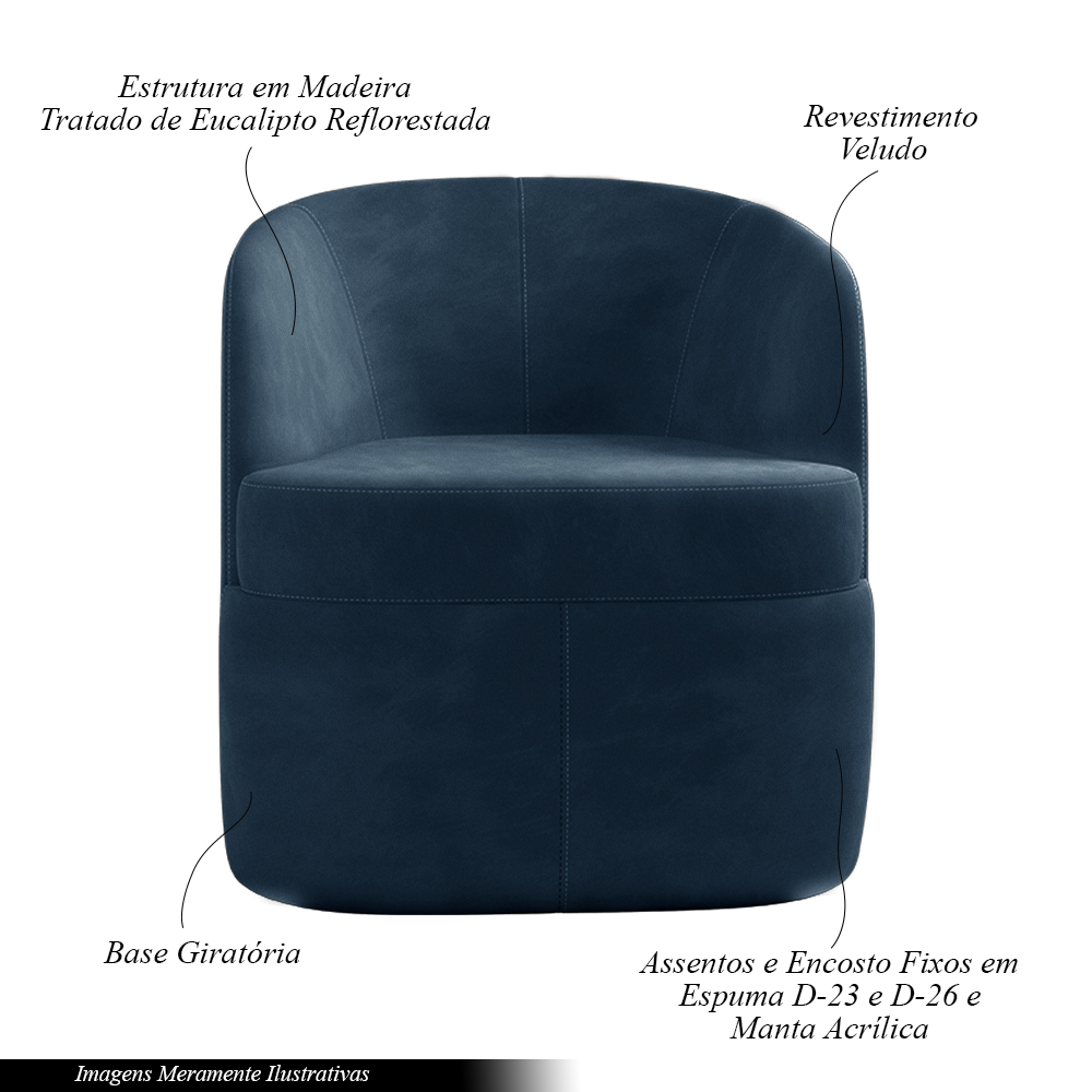 Kit 2 Poltronas Decorativas Design Moderno Bel Sala de Estar Base Giratória Veludo Azul Marinho G33 - Gran Belo