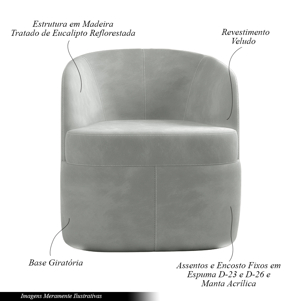 Kit 2 Poltronas Decorativas Design Moderno Bel Sala de Estar Base Giratória Veludo Cinza G33 - Gran Belo