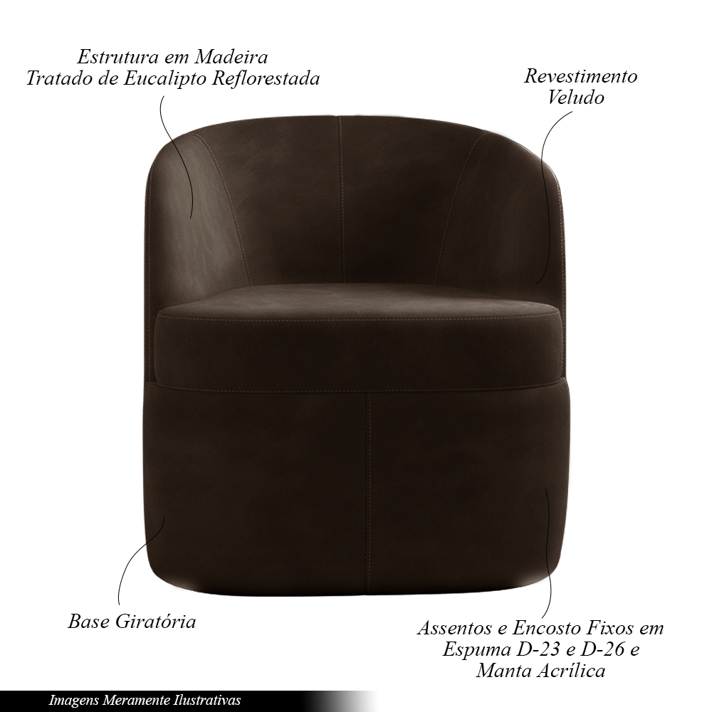 Kit 2 Poltronas Decorativas Design Moderno Bel Sala de Estar Base Giratória Veludo Marrom G33 - Gran Belo