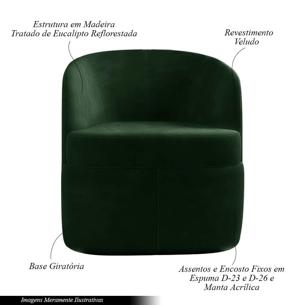 Kit 2 Poltronas Decorativas Design Moderno Bel Sala de Estar Base Giratória Veludo Verde G33 - Gran Belo