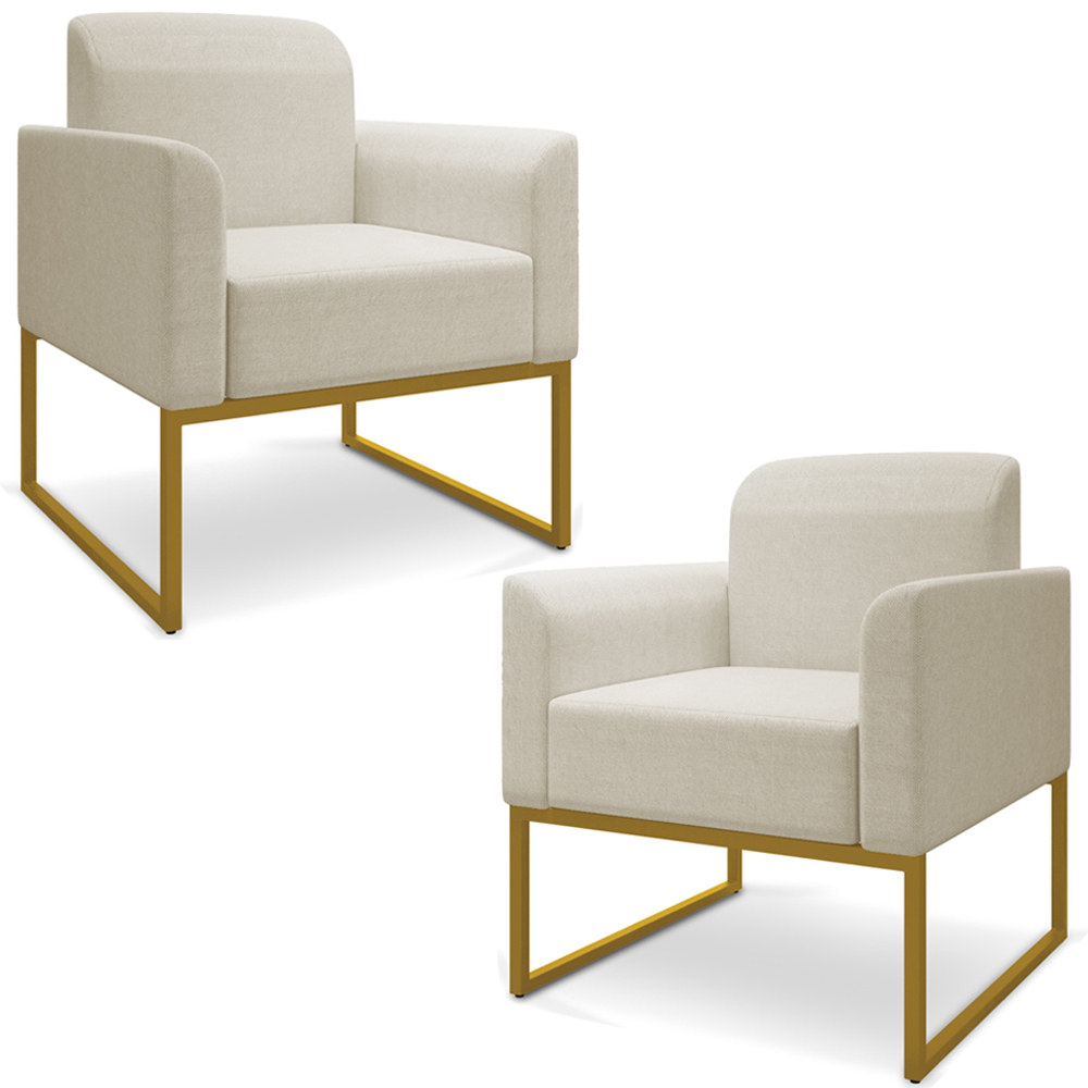 Kit 2 Poltronas Decorativas Isabella Base Industrial Linho Bege/Dourado G19