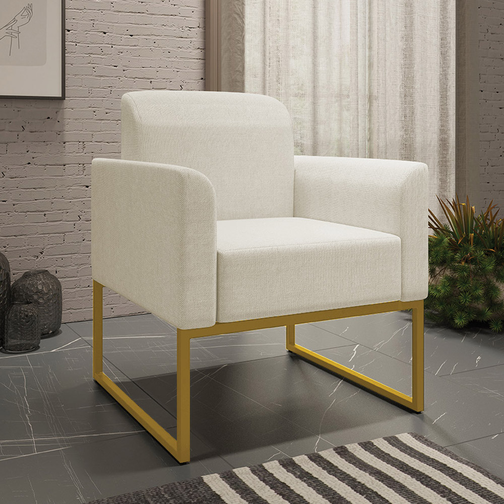 Kit 2 Poltronas Decorativas Isabella Base Industrial Linho Bege/Dourado G19