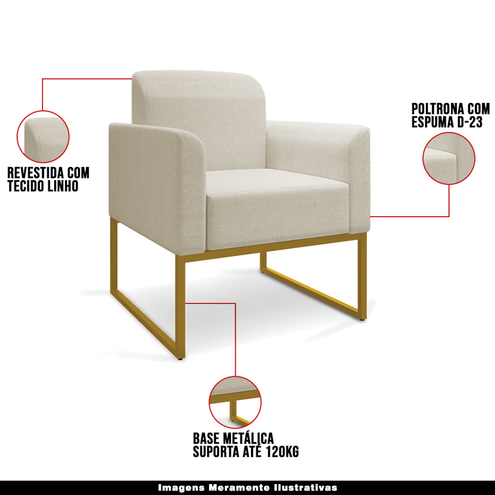 Kit 2 Poltronas Decorativas Isabella Base Industrial Linho Bege/Dourado G19