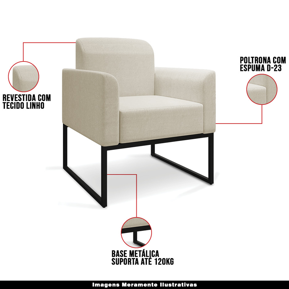 Kit 2 Poltronas Decorativas Isabella Base Industrial Linho Bege/Preto G19