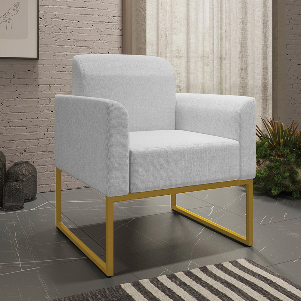 Kit 2 Poltronas Decorativas Isabella Base Industrial Linho Cinza/Dourado G19