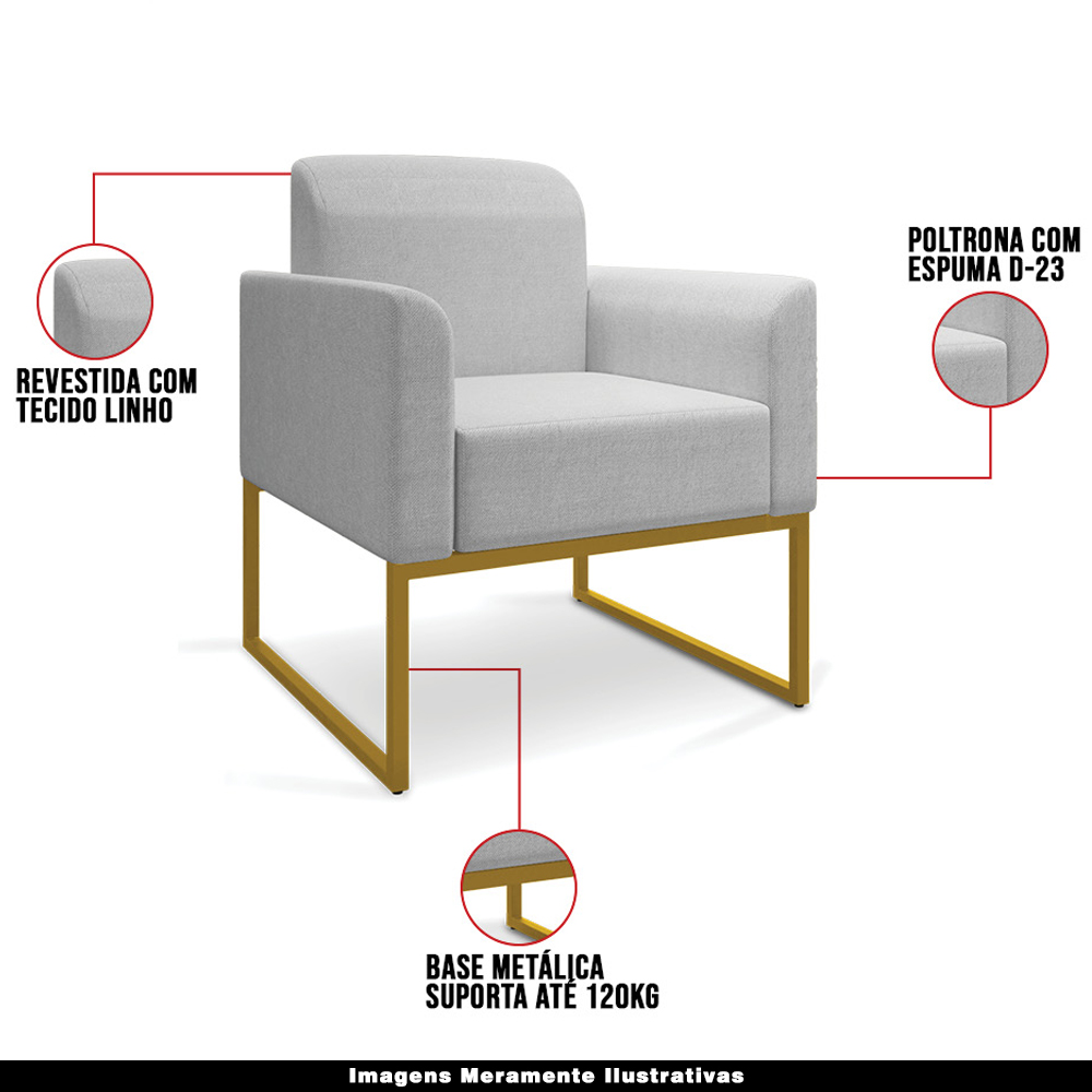 Kit 2 Poltronas Decorativas Isabella Base Industrial Linho Cinza/Dourado G19