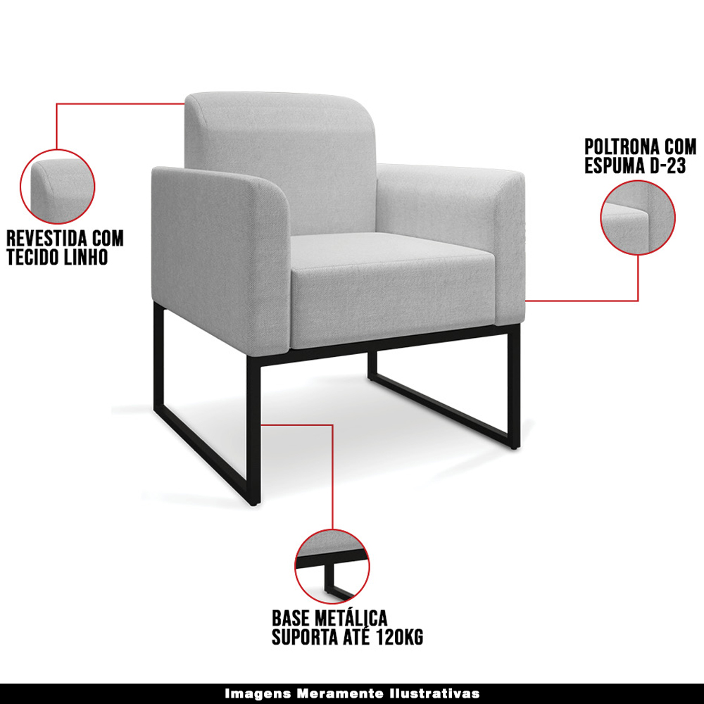 Kit 2 Poltronas Decorativas Isabella Base Industrial Linho Cinza/Preto G19