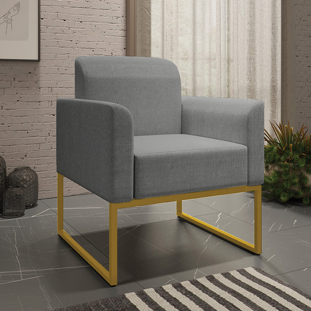 Kit 2 Poltronas Decorativas Isabella Base Industrial Linho Grafite/Dourado G19
