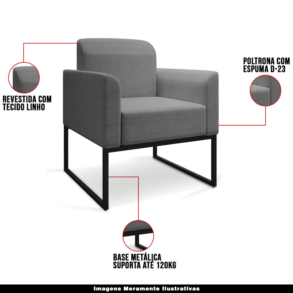 Kit 2 Poltronas Decorativas Isabella Base Industrial Linho Grafite/Preto G19
