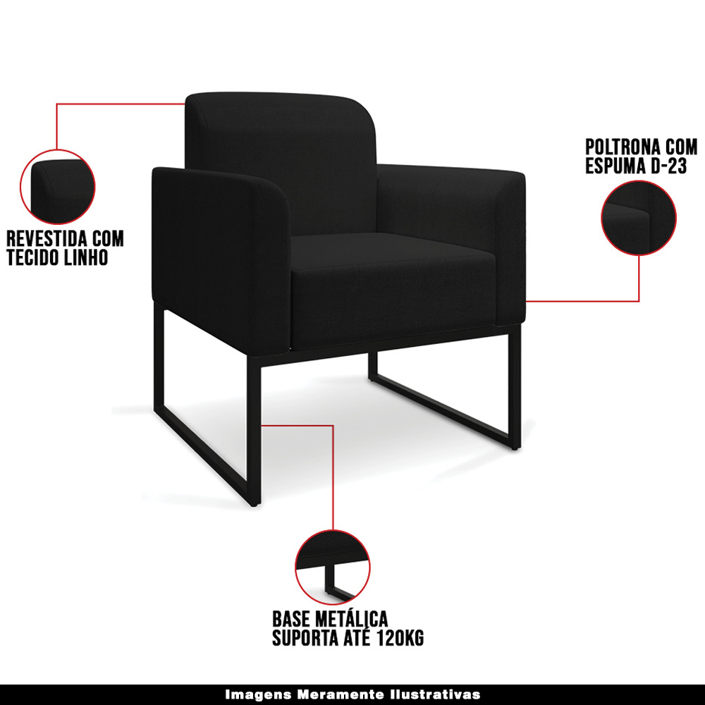 Kit 2 Poltronas Decorativas Isabella Base Industrial Linho Preto G19