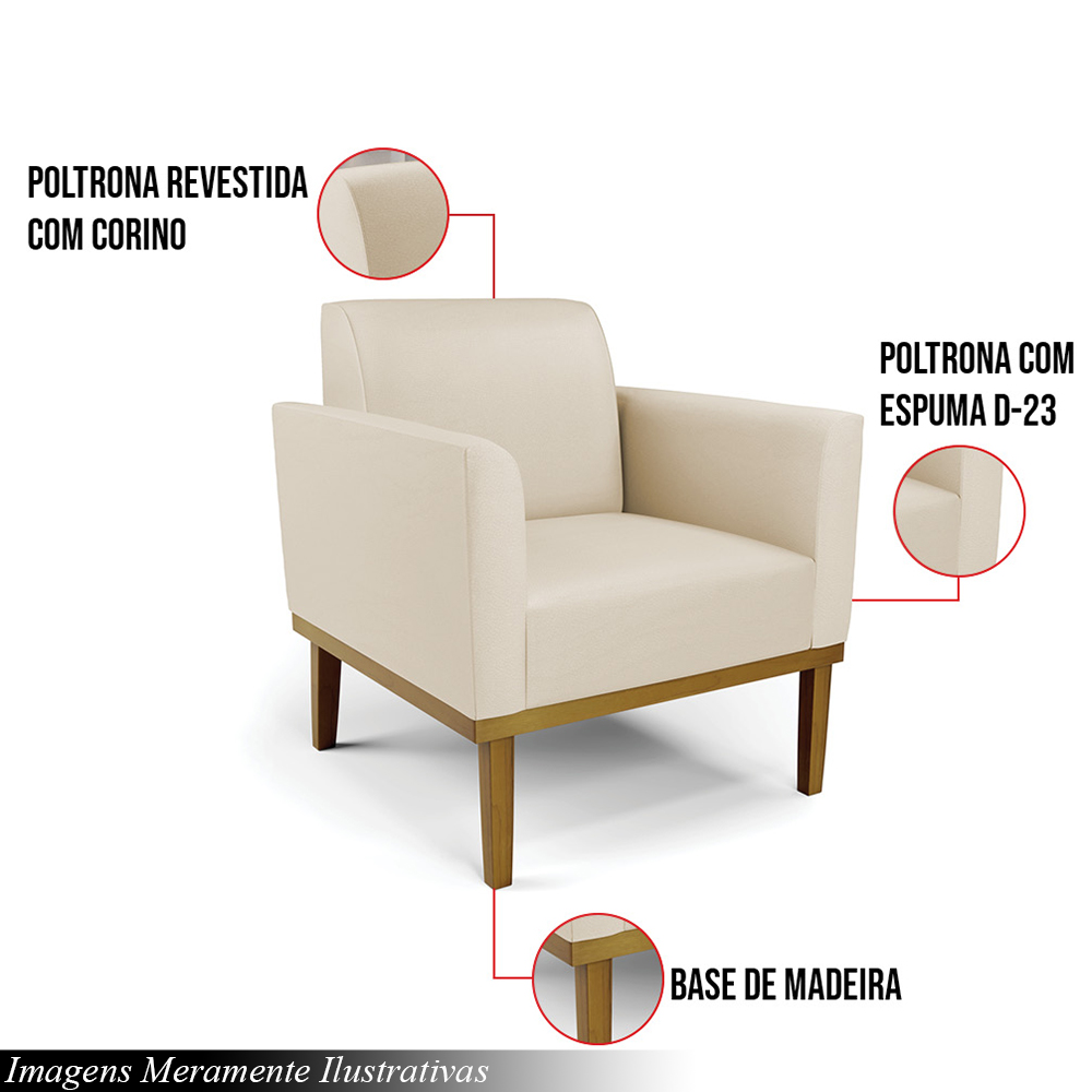 Kit 2 Poltronas Decorativas Isabella Pés Fixo em Madeira Castanho PU Bege G19 - Gran Belo