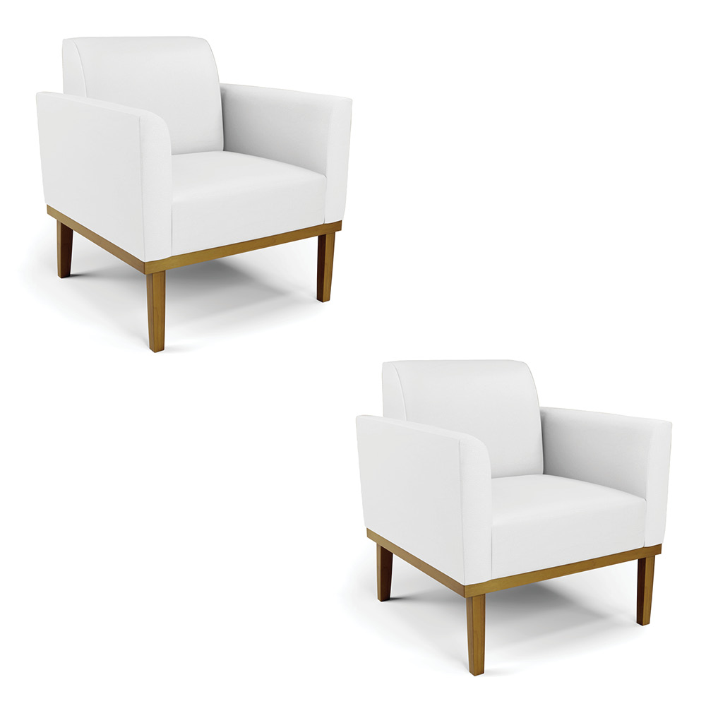 Kit 2 Poltronas Decorativas Isabella Pés Fixo em Madeira Castanho PU Branco G19 - Gran Belo
