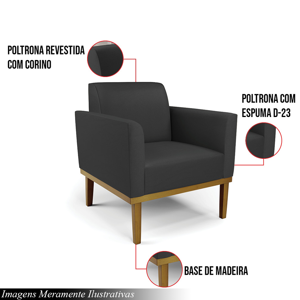 Kit 2 Poltronas Decorativas Isabella Pés Fixo em Madeira Castanho PU Preto G19 - Gran Belo