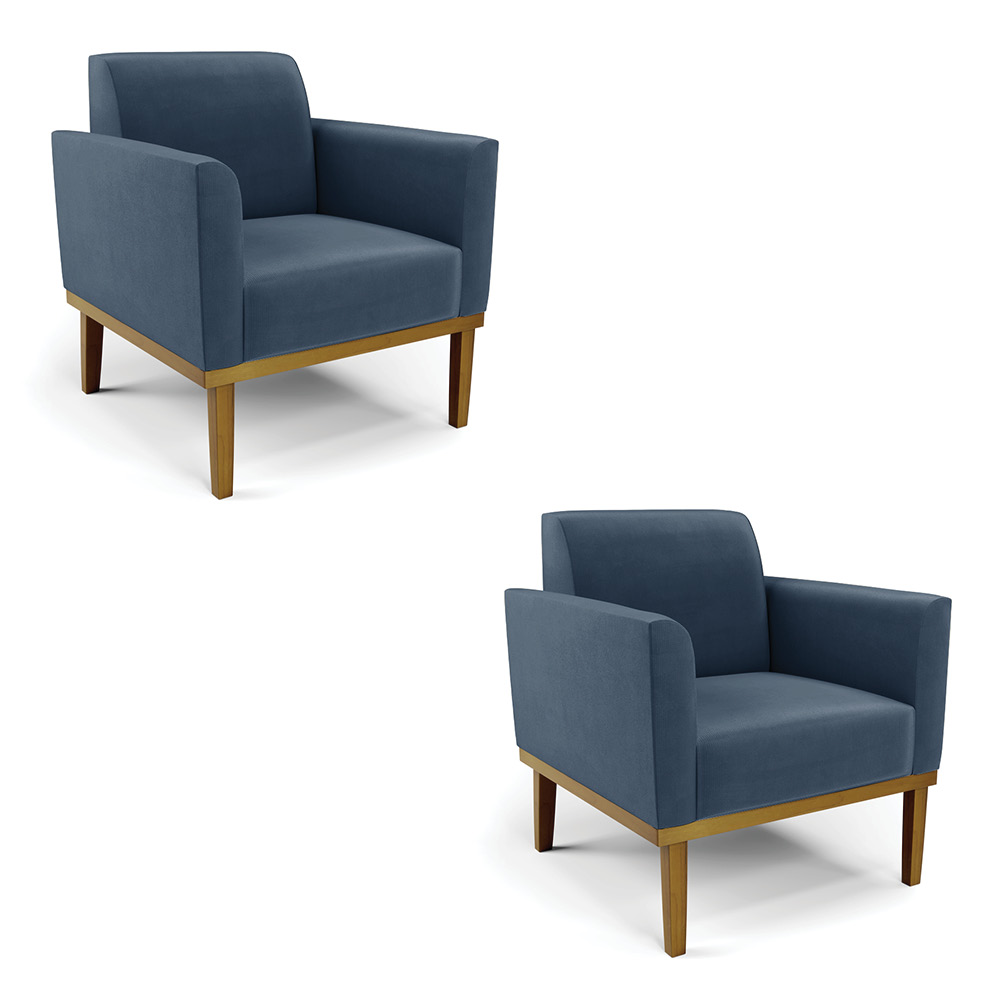 Kit 2 Poltronas Decorativas Isabella Pés Fixo em Madeira Castanho Suede Azul Marinho G19 - Gran Belo
