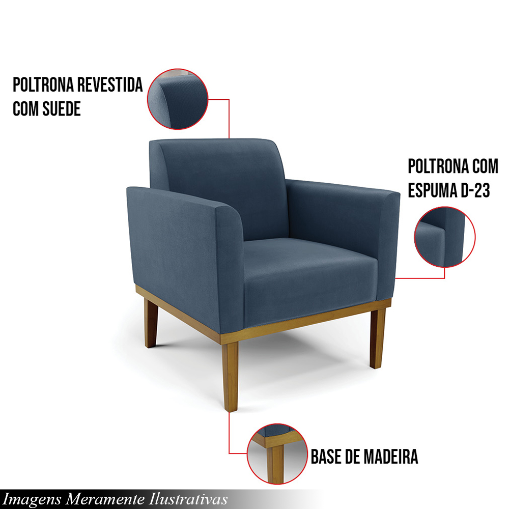 Kit 2 Poltronas Decorativas Isabella Pés Fixo em Madeira Castanho Suede Azul Marinho G19 - Gran Belo