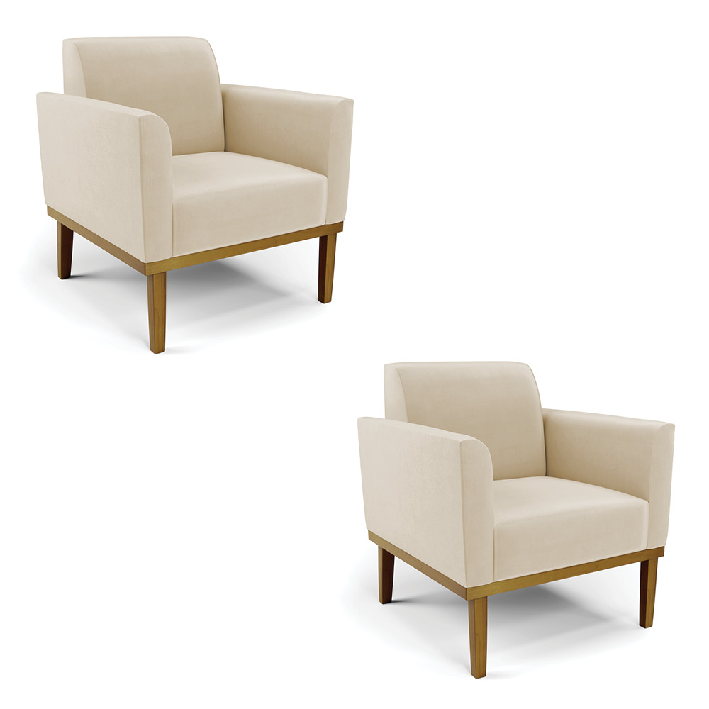 Kit 2 Poltronas Decorativas Isabella Pés Fixo em Madeira Castanho Suede Bege G19 - Gran Belo