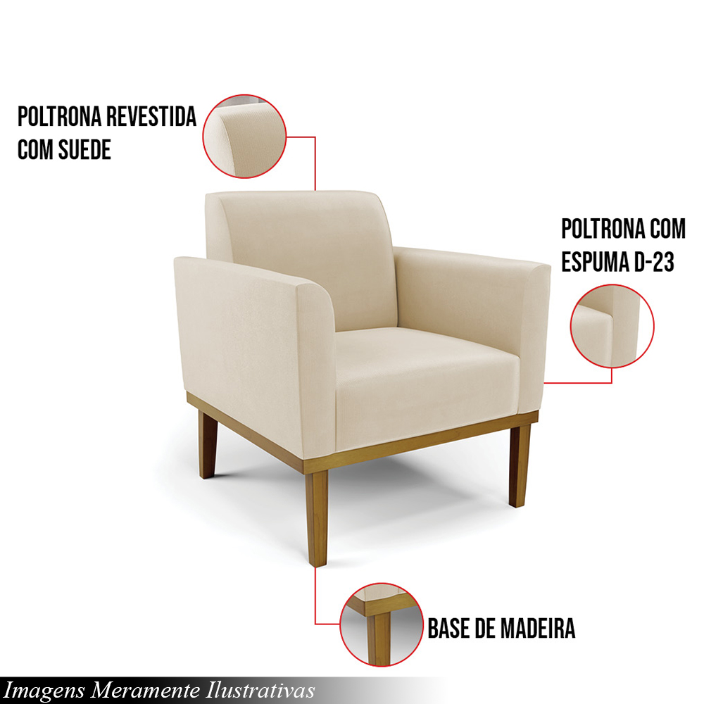Kit 2 Poltronas Decorativas Isabella Pés Fixo em Madeira Castanho Suede Bege G19 - Gran Belo