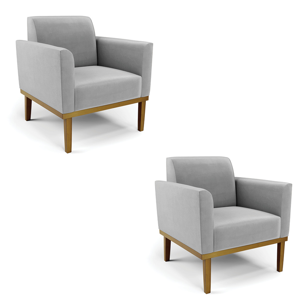 Kit 2 Poltronas Decorativas Isabella Pés Fixo em Madeira Castanho Suede Cinza G19 - Gran Belo