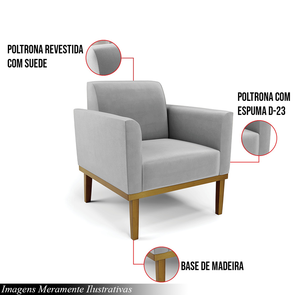Kit 2 Poltronas Decorativas Isabella Pés Fixo em Madeira Castanho Suede Cinza G19 - Gran Belo