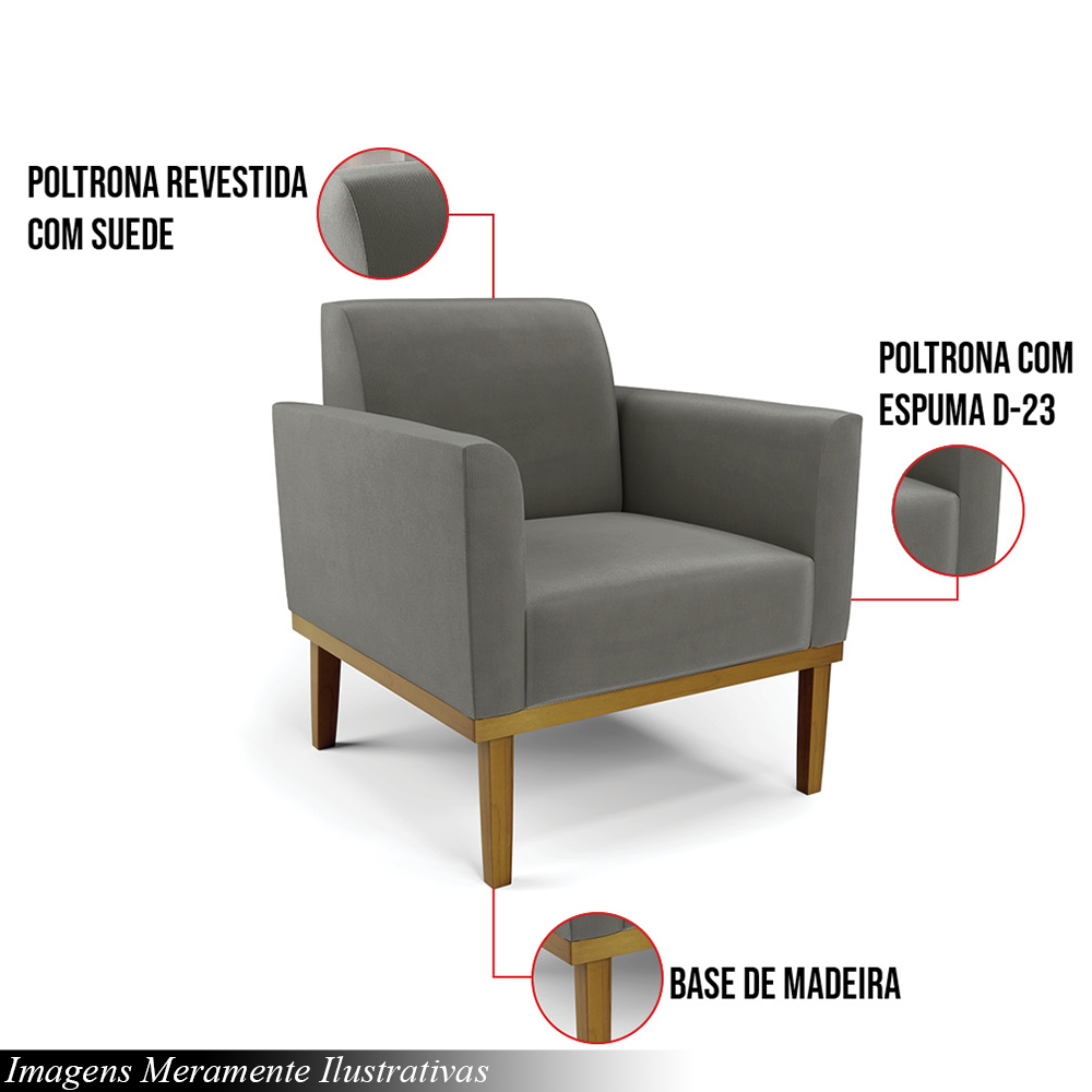 Kit 2 Poltronas Decorativas Isabella Pés Fixo em Madeira Castanho Suede Grafite G19 - Gran Belo