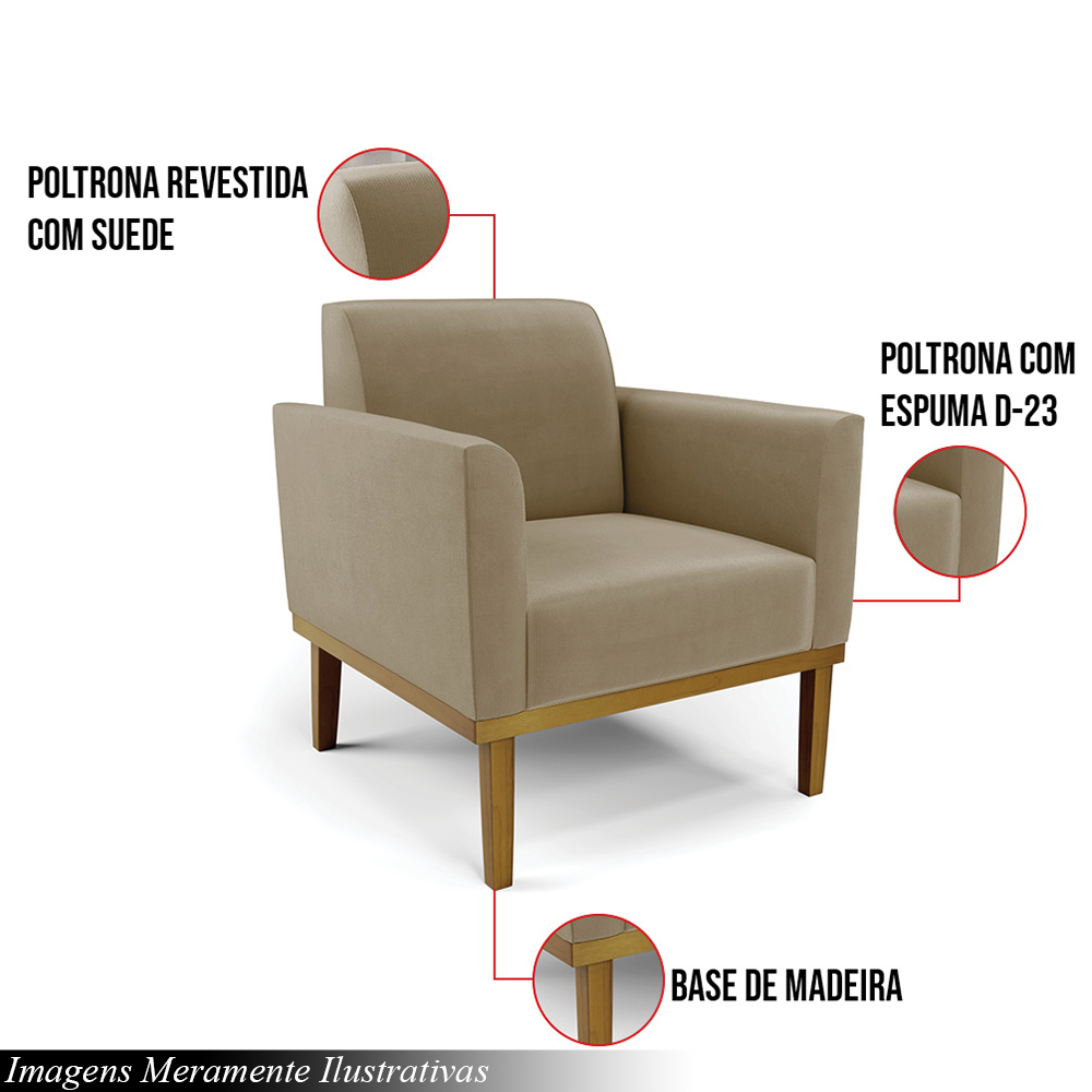 Kit 2 Poltronas Decorativas Isabella Pés Fixo em Madeira Castanho Suede Nude G19 - Gran Belo