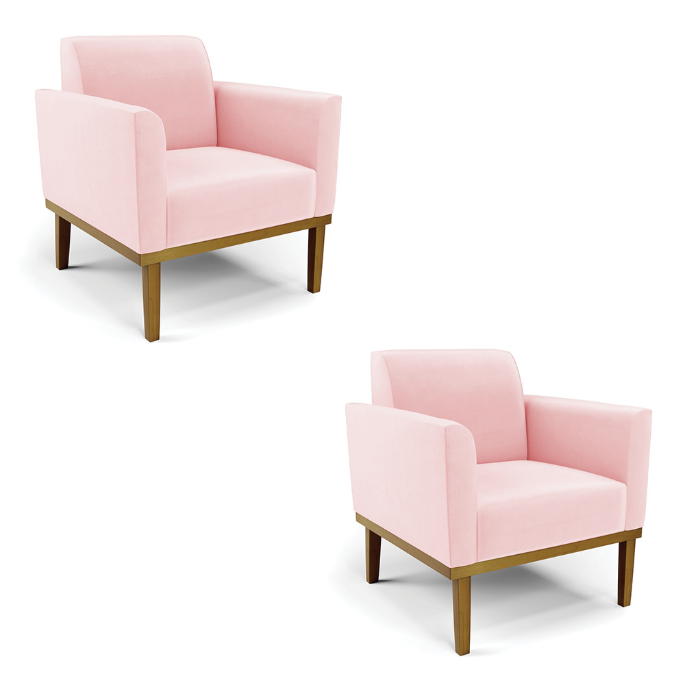 Kit 2 Poltronas Decorativas Isabella Pés Fixo em Madeira Castanho Suede Rosa Bebê G19 - Gran Belo