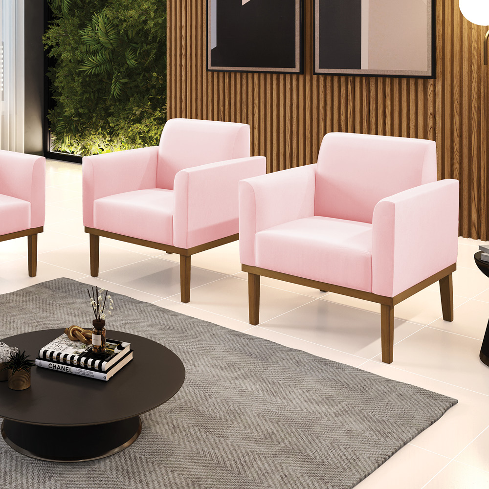 Kit 2 Poltronas Decorativas Isabella Pés Fixo em Madeira Castanho Suede Rosa Bebê G19 - Gran Belo