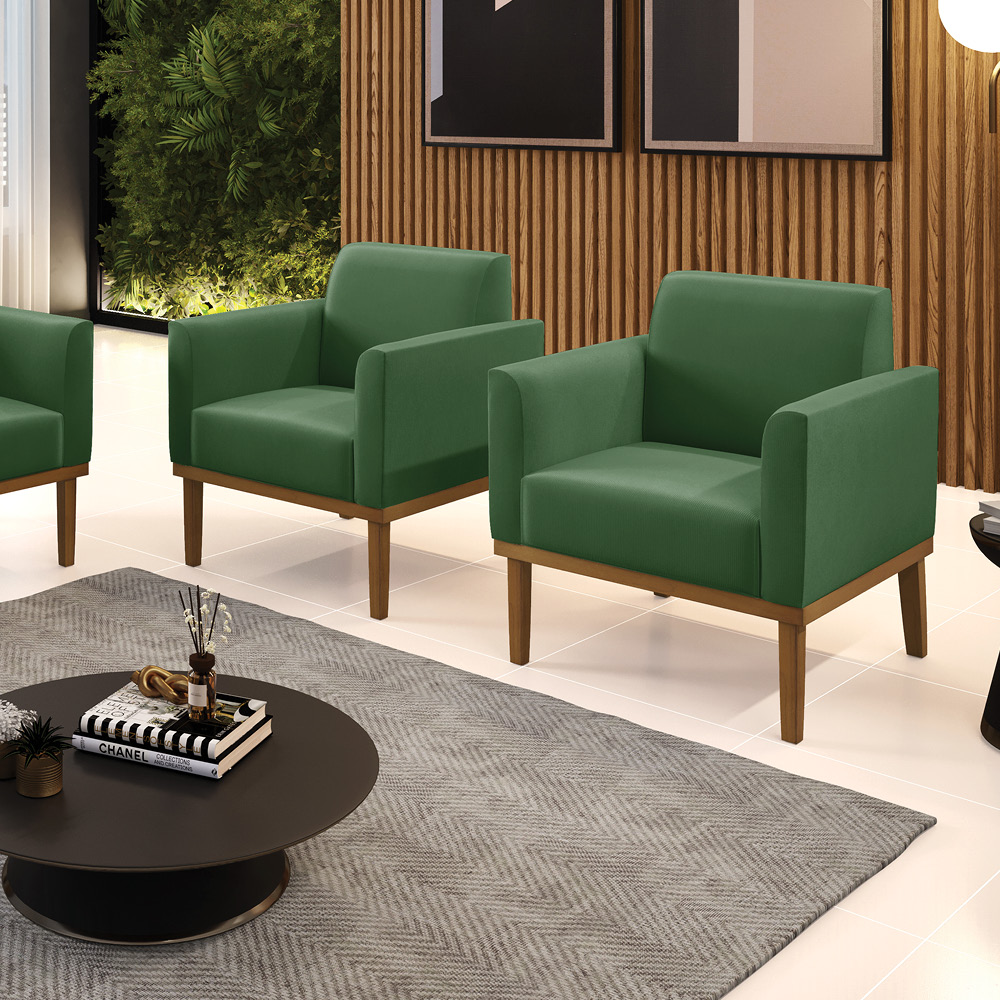 Kit 2 Poltronas Decorativas Isabella Pés Fixo em Madeira Castanho Suede Verde G19 - Gran Belo