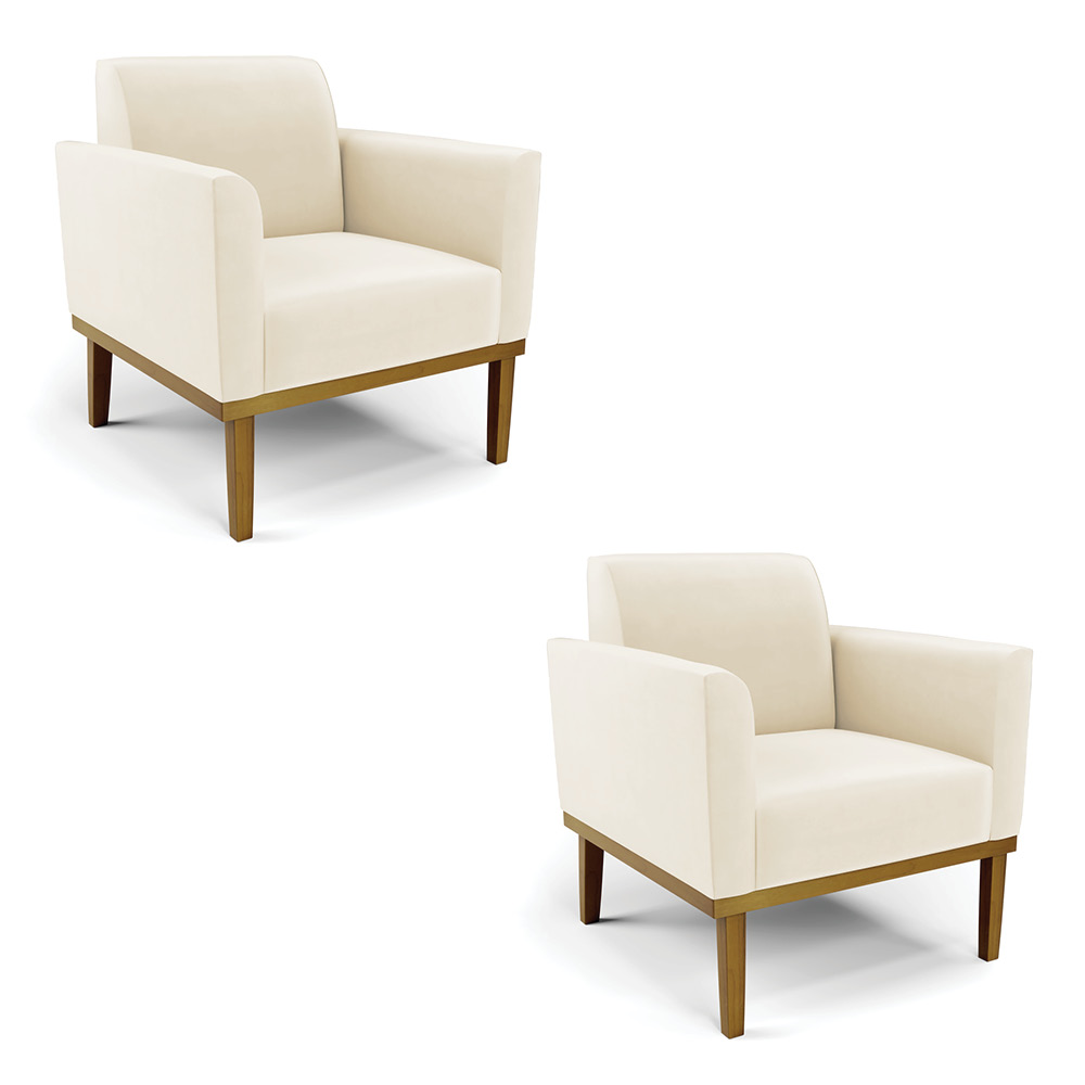 Kit 2 Poltronas Decorativas Isabella Pés Fixo em Madeira Castanho Veludo Bege G19 - Gran Belo