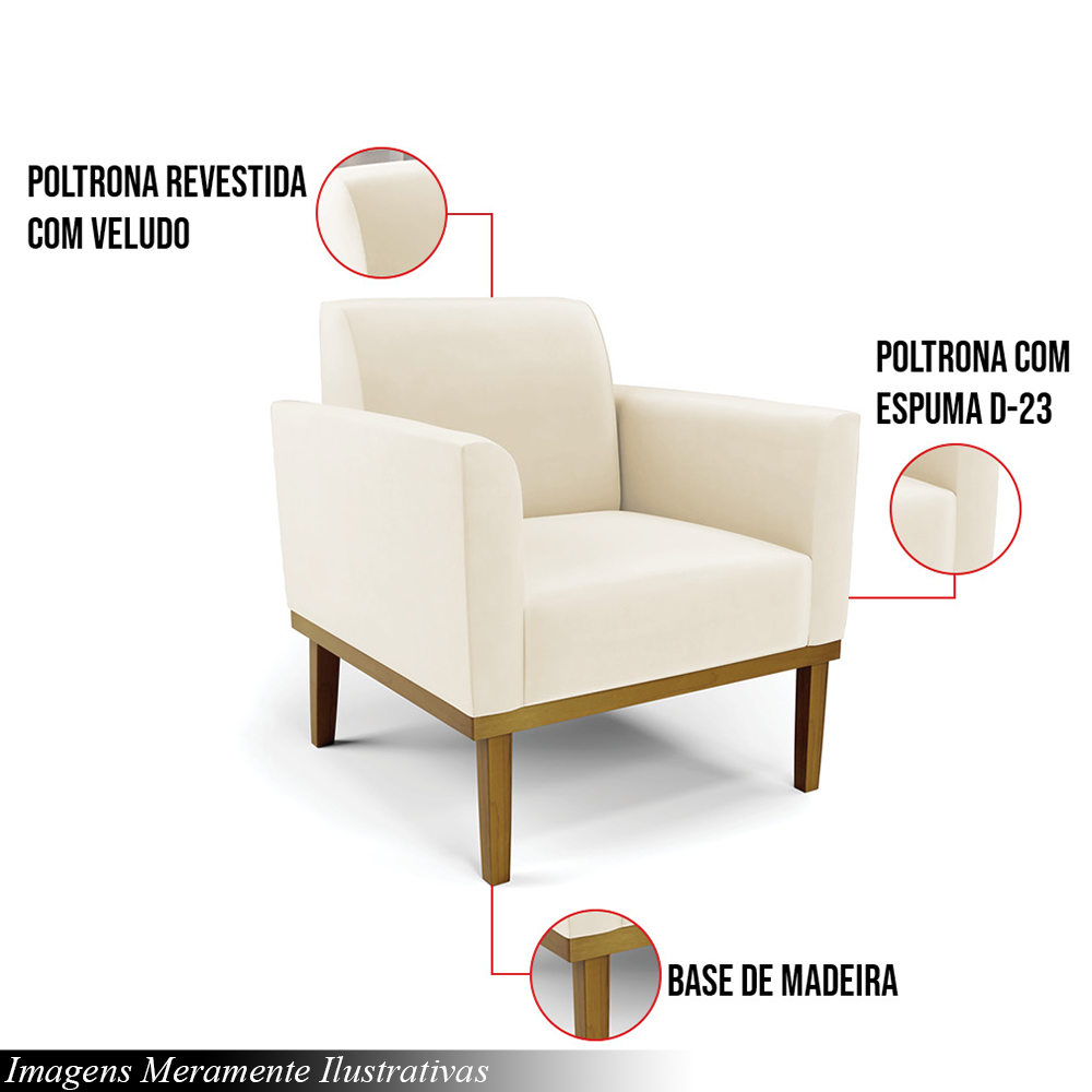 Kit 2 Poltronas Decorativas Isabella Pés Fixo em Madeira Castanho Veludo Bege G19 - Gran Belo
