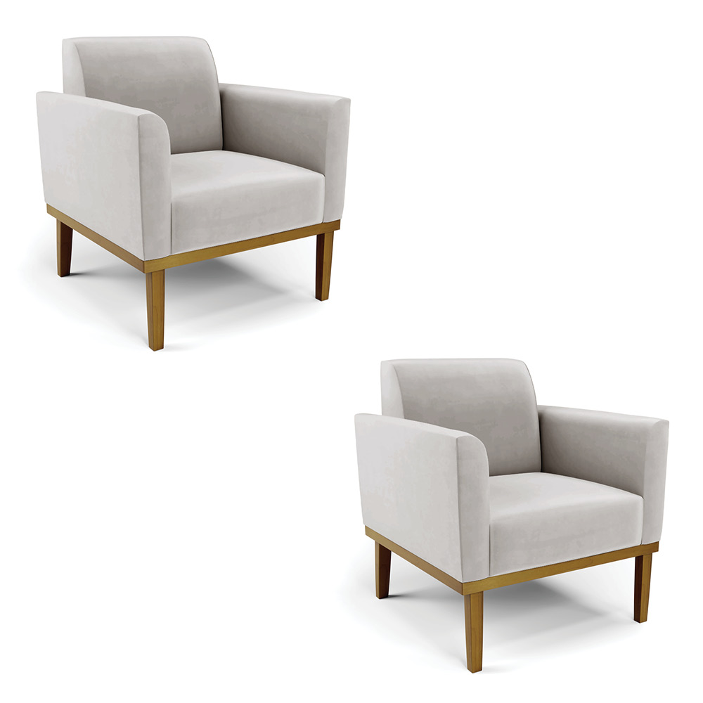 Kit 2 Poltronas Decorativas Isabella Pés Fixo em Madeira Castanho Veludo Cinza G19 - Gran Belo