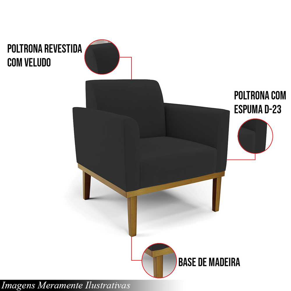 Kit 2 Poltronas Decorativas Isabella Pés Fixo em Madeira Castanho Veludo Preto G19 - Gran Belo