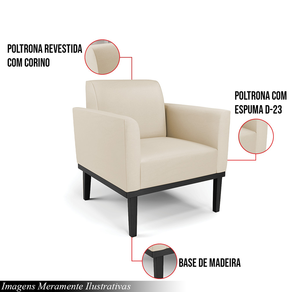 Kit 2 Poltronas Decorativas Isabella Pés Fixo em Madeira Preto PU Bege G19 - Gran Belo
