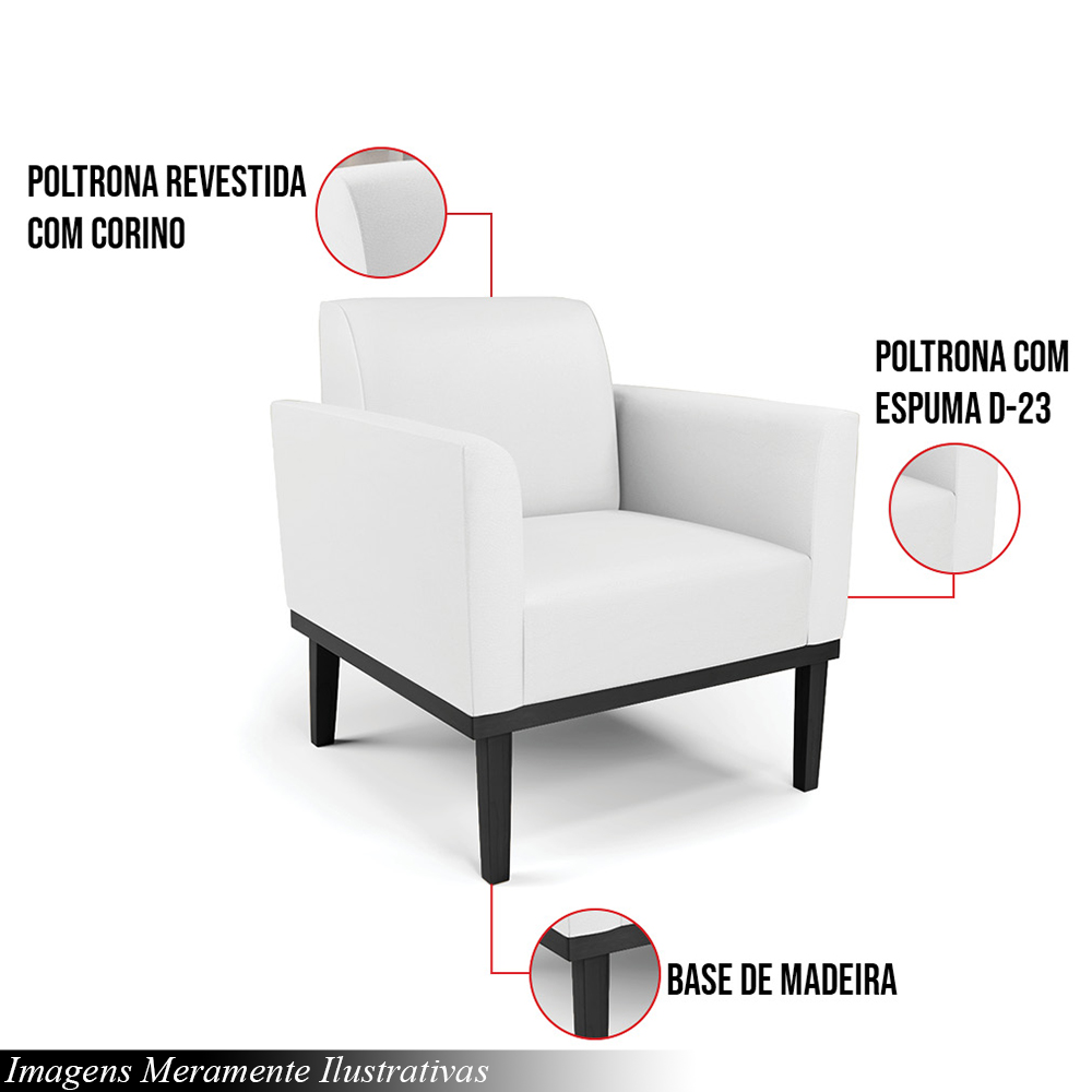 Kit 2 Poltronas Decorativas Isabella Pés Fixo em Madeira Preto PU Branco G19 - Gran Belo
