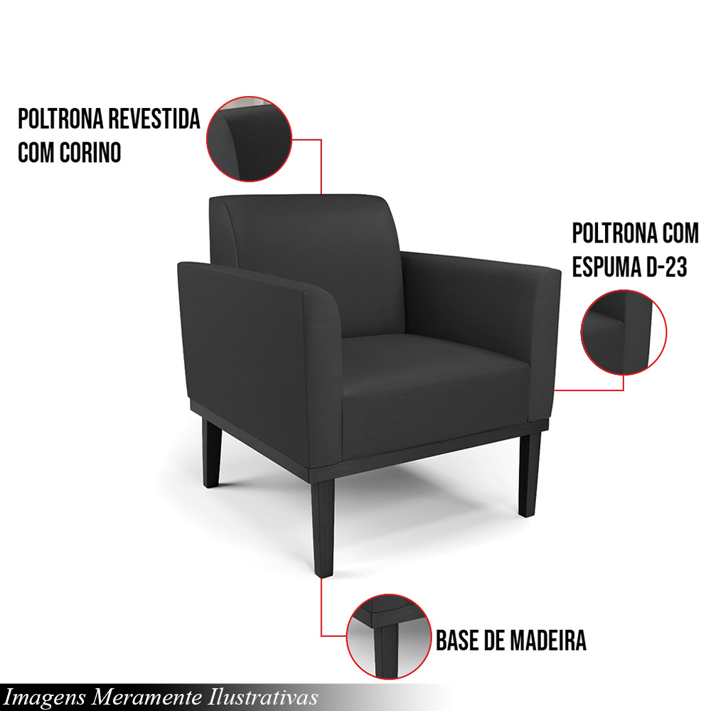 Kit 2 Poltronas Decorativas Isabella Pés Fixo em Madeira Preto PU Preto G19 - Gran Belo