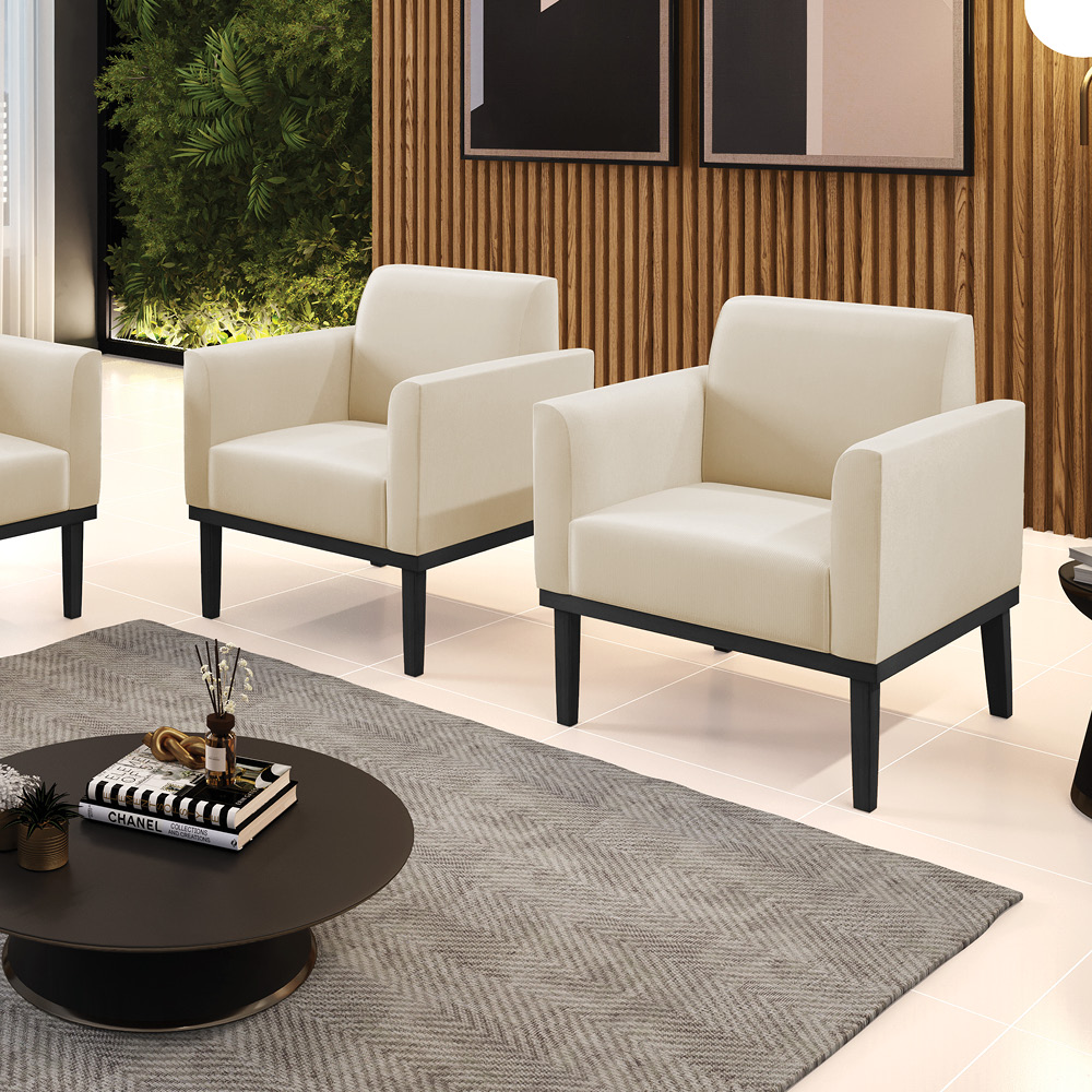 Kit 2 Poltronas Decorativas Isabella Pés Fixo em Madeira Preto Suede Bege G19 - Gran Belo