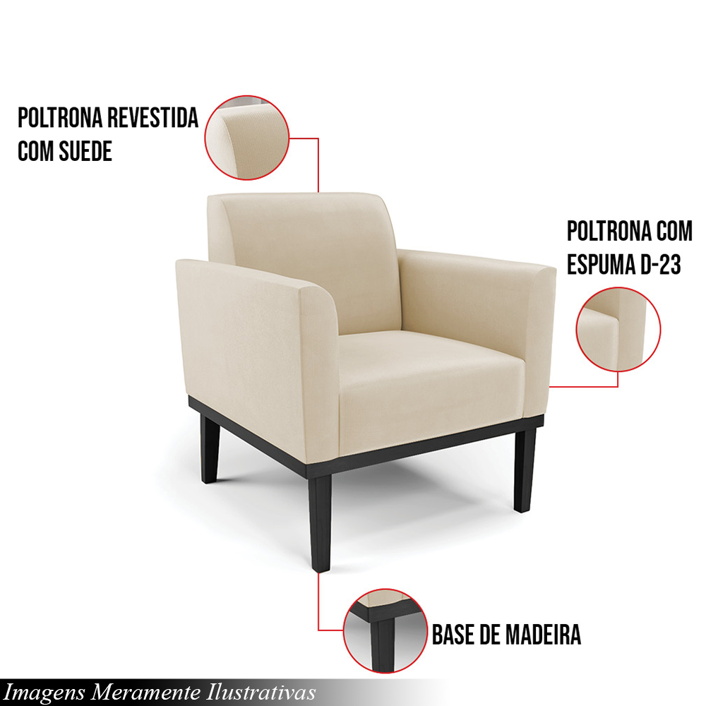 Kit 2 Poltronas Decorativas Isabella Pés Fixo em Madeira Preto Suede Bege G19 - Gran Belo
