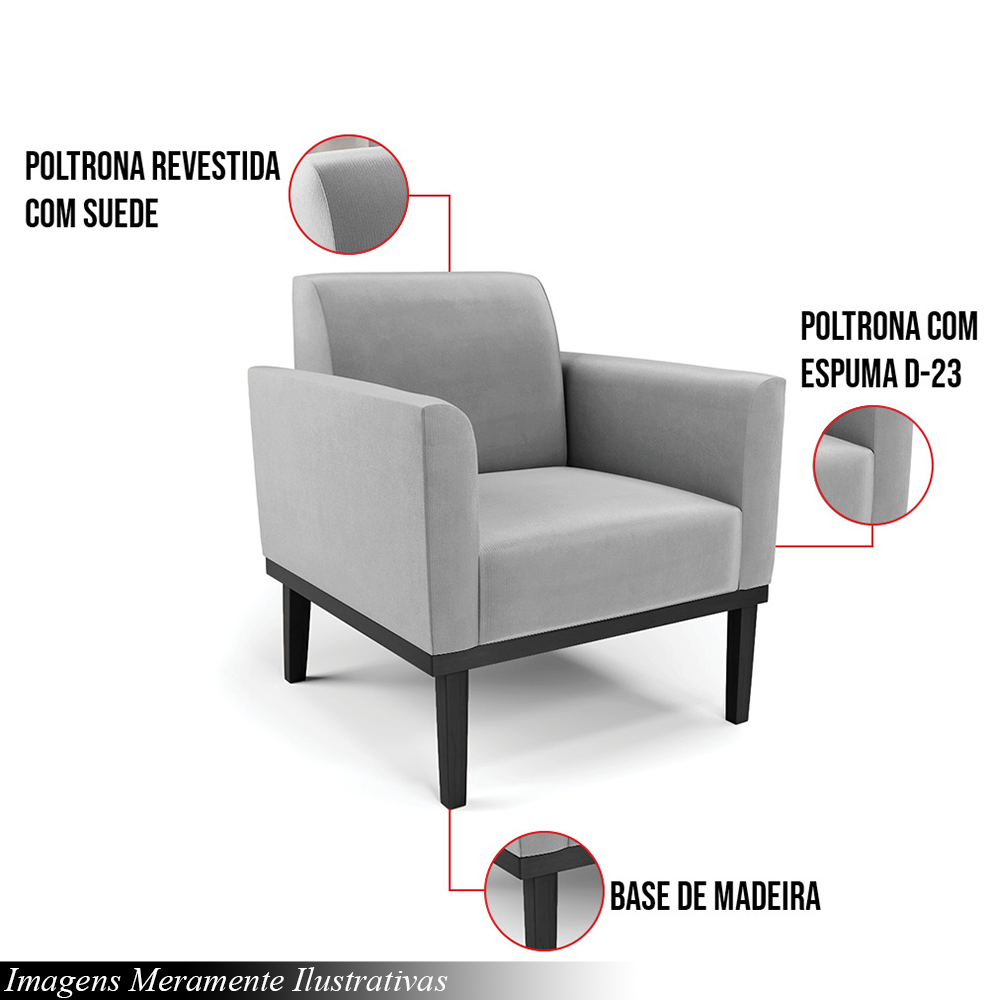 Kit 2 Poltronas Decorativas Isabella Pés Fixo em Madeira Preto Suede Cinza G19 - Gran Belo