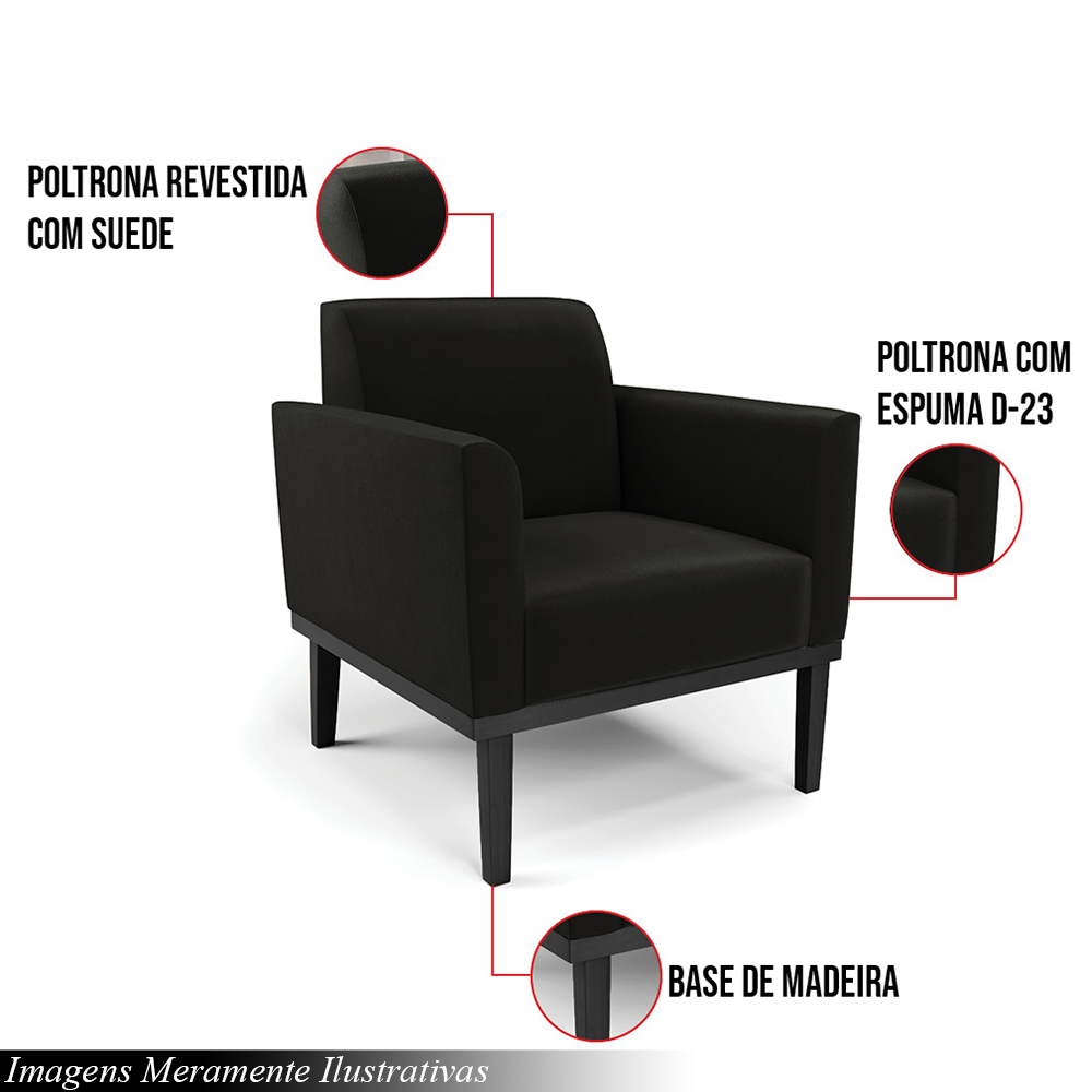 Kit 2 Poltronas Decorativas Isabella Pés Fixo em Madeira Preto Suede Preto G19 - Gran Belo