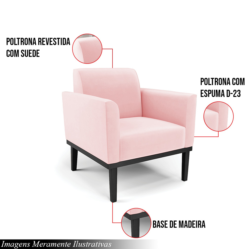 Kit 2 Poltronas Decorativas Isabella Pés Fixo em Madeira Preto Suede Rosa Bebê G19 - Gran Belo