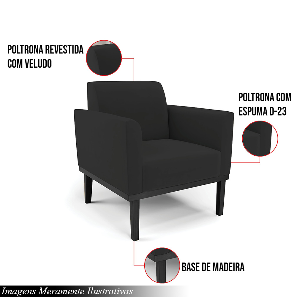 Kit 2 Poltronas Decorativas Isabella Pés Fixo em Madeira Preto Veludo Preto G19 - Gran Belo