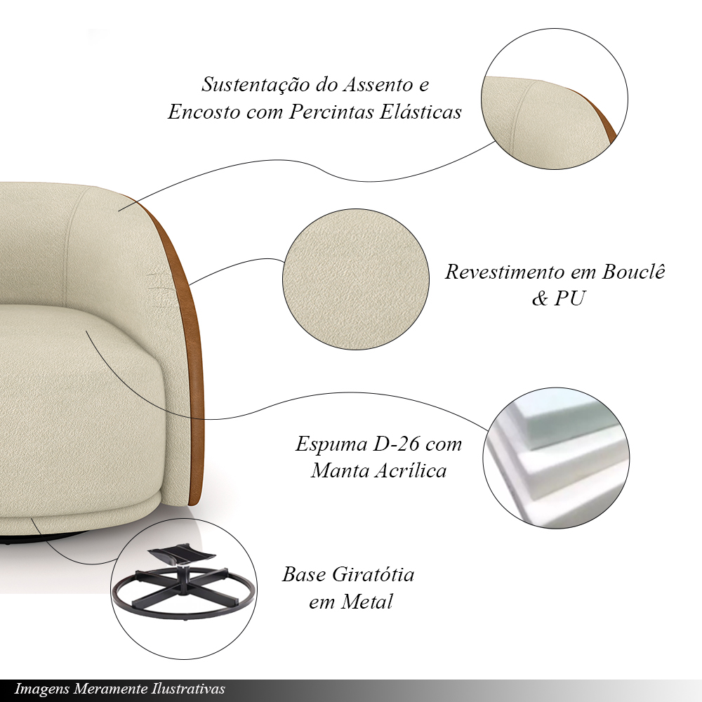 Kit 2 Poltronas Decorativas Jenny Base Giratória em Metal Preto Bouclê Off White/Caramelo G45 - Gran Belo