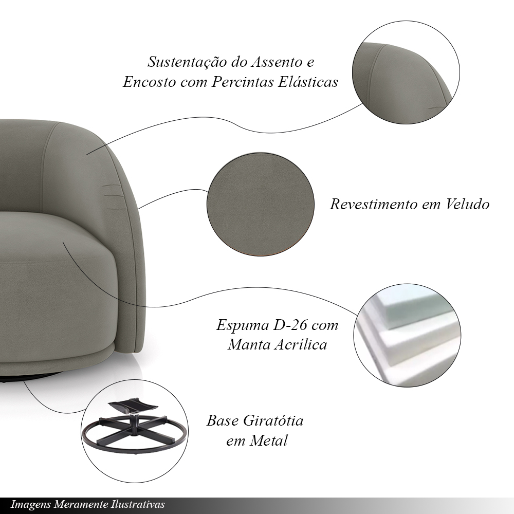 Kit 2 Poltronas Decorativas Jenny Base Giratória em Metal Preto Veludo Cinza G45 - Gran Belo
