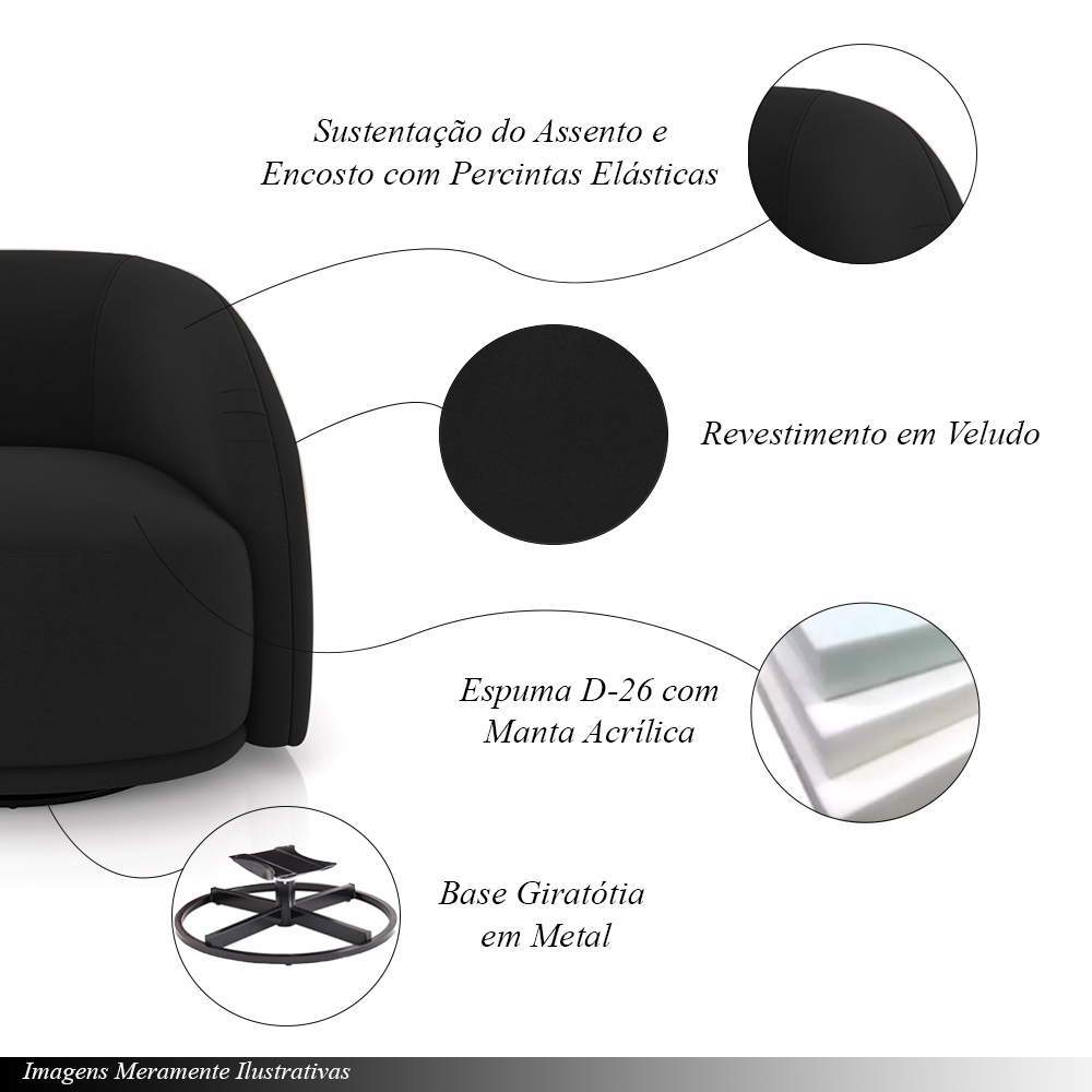 Kit 2 Poltronas Decorativas Jenny Base Giratória em Metal Preto Veludo Preto G45 - Gran Belo