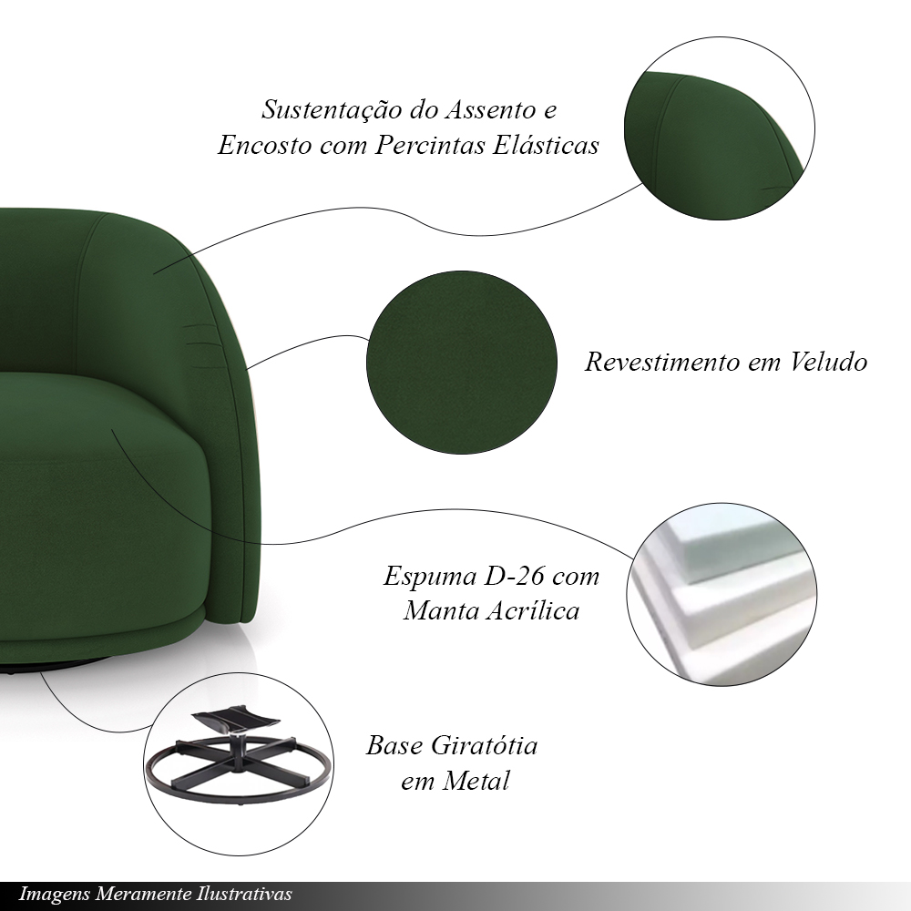 Kit 2 Poltronas Decorativas Jenny Base Giratória em Metal Preto Veludo Verde G45 - Gran Belo