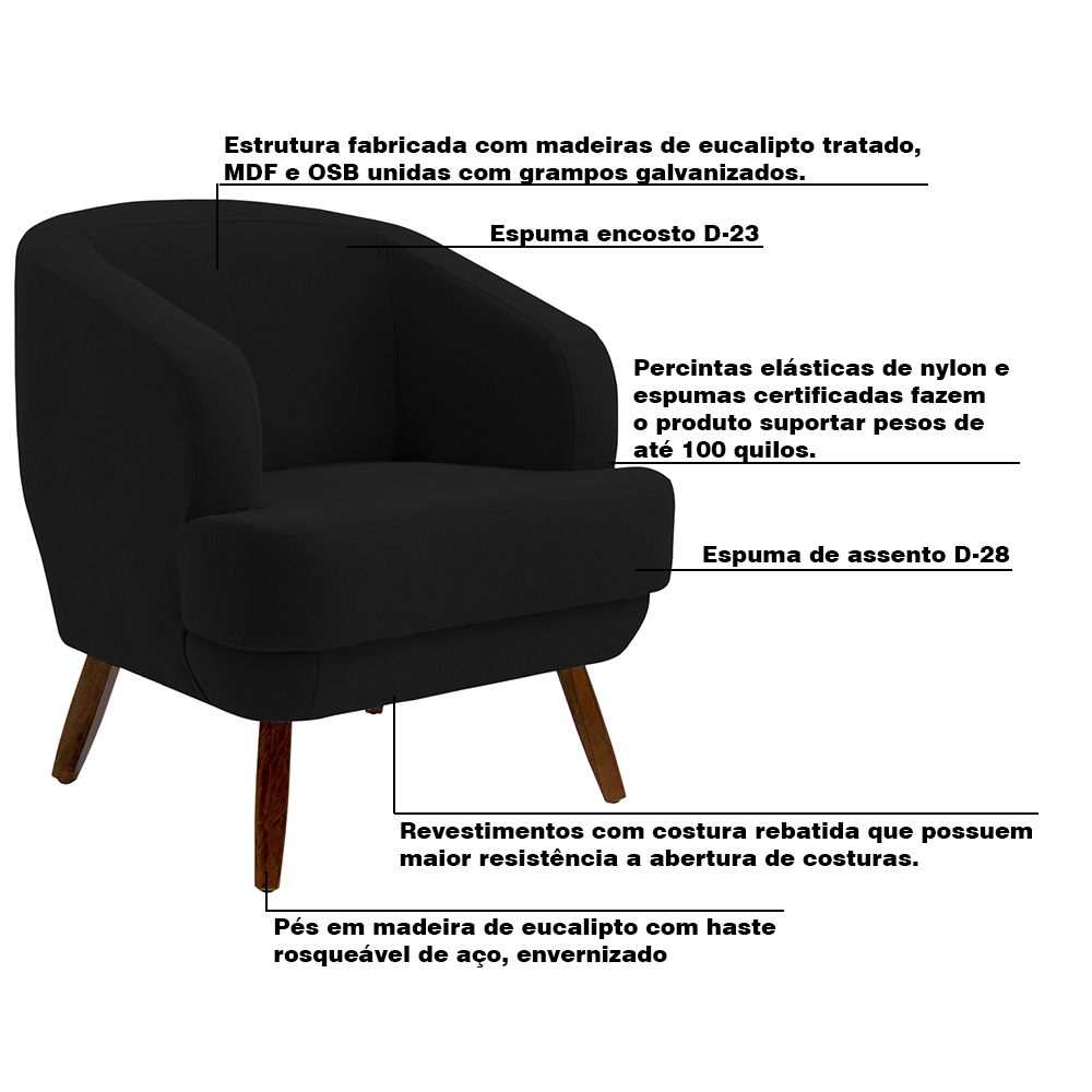 Kit 2 Poltronas Decorativas Jericó Pés de Madeira Veludo Preto G15 - Gran Belo
