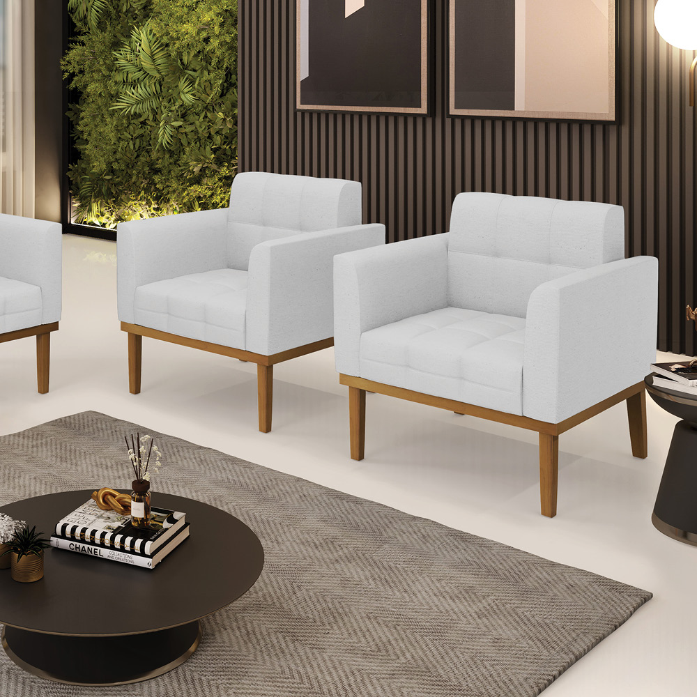 Kit 2 Poltronas Decorativas Karen Pés Fixo em Madeira Castanho Linho Cinza G19 - Gran Belo