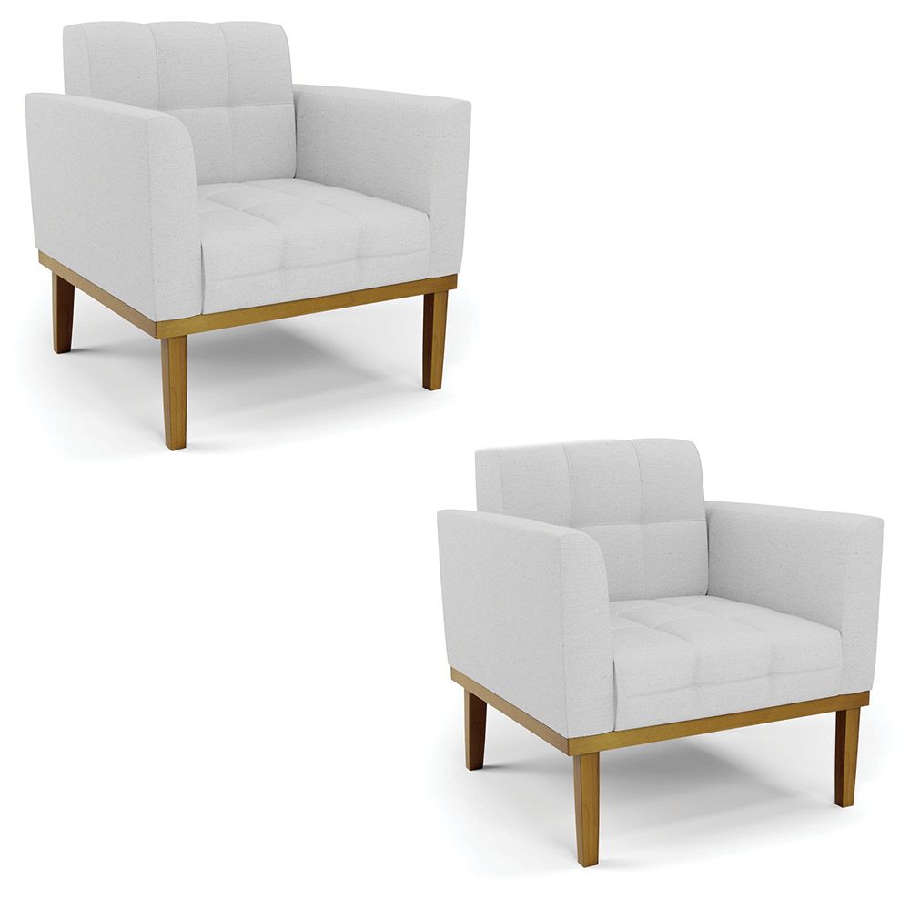 Kit 2 Poltronas Decorativas Karen Pés Fixo em Madeira Castanho Linho Cinza G19 - Gran Belo